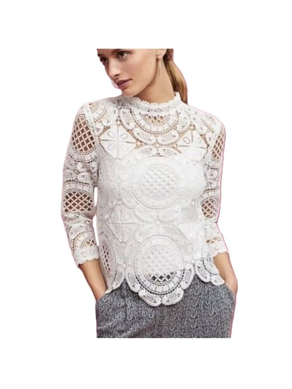 Anthropologie James Coviello Blouse Lace Front  Mock Neck Ivory Top SZ SP